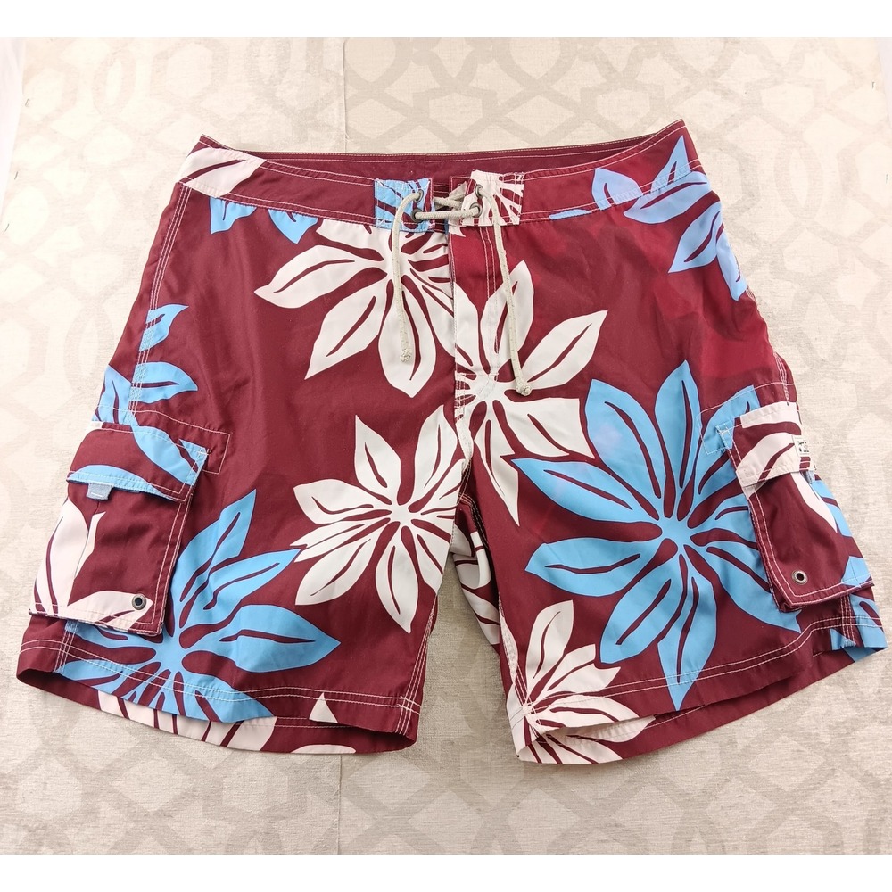 J. Crew Men's Burgundy Floral Swim Trunks Size 38 Cargo Pockets